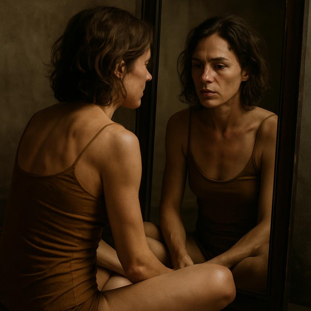 A woman with bobbed brown hair gazes into a narrow vertical mirror, adorned in a bronze tank top, sitting cross-legged. al...