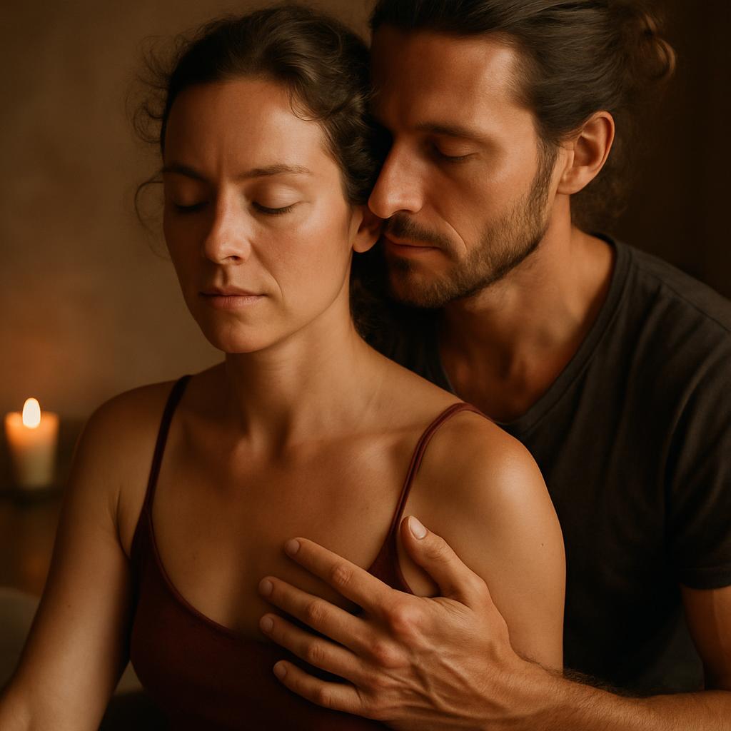 a man and woman slow dancing in a field with flowers as the background. 30% of the woman's face is cut off and her knees a...